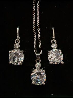 Classic Silver-Tone Round Brilliant Faux Diamond Pendant & Leverback Earring Set